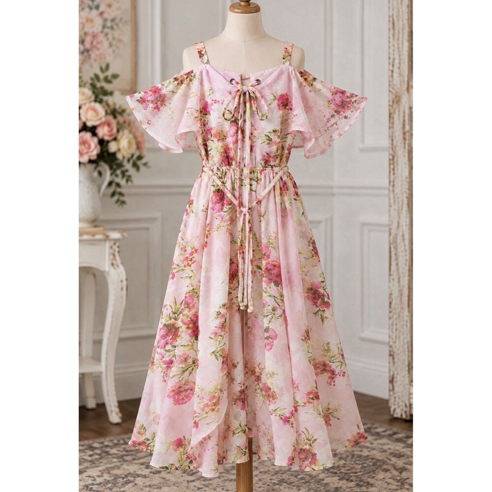 Speechless Kids Size 16 Pink Floral Cold Shoulder Maxi Romper Dress